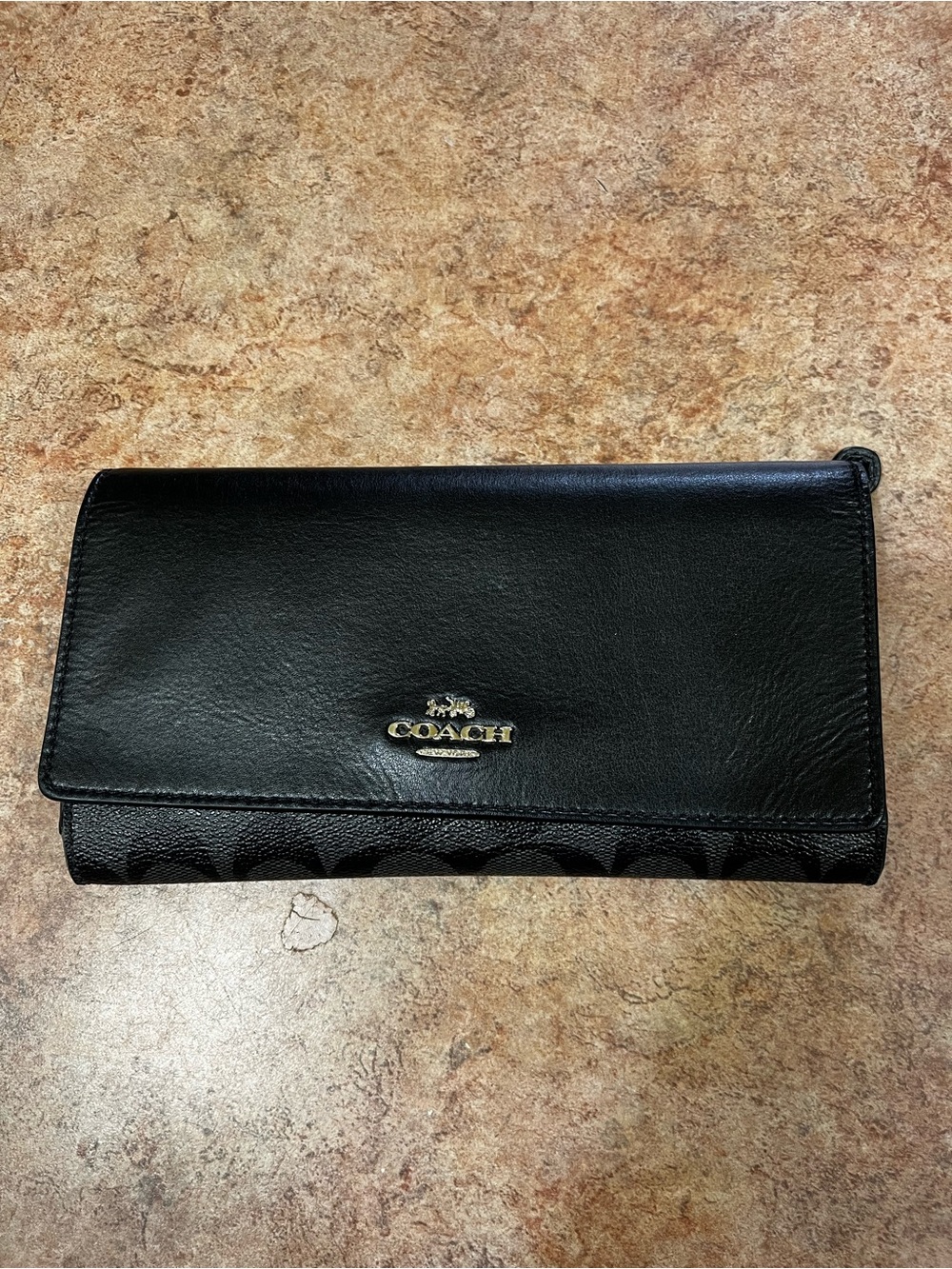 Coach Black Leather Continental Wallet with Gold Logo